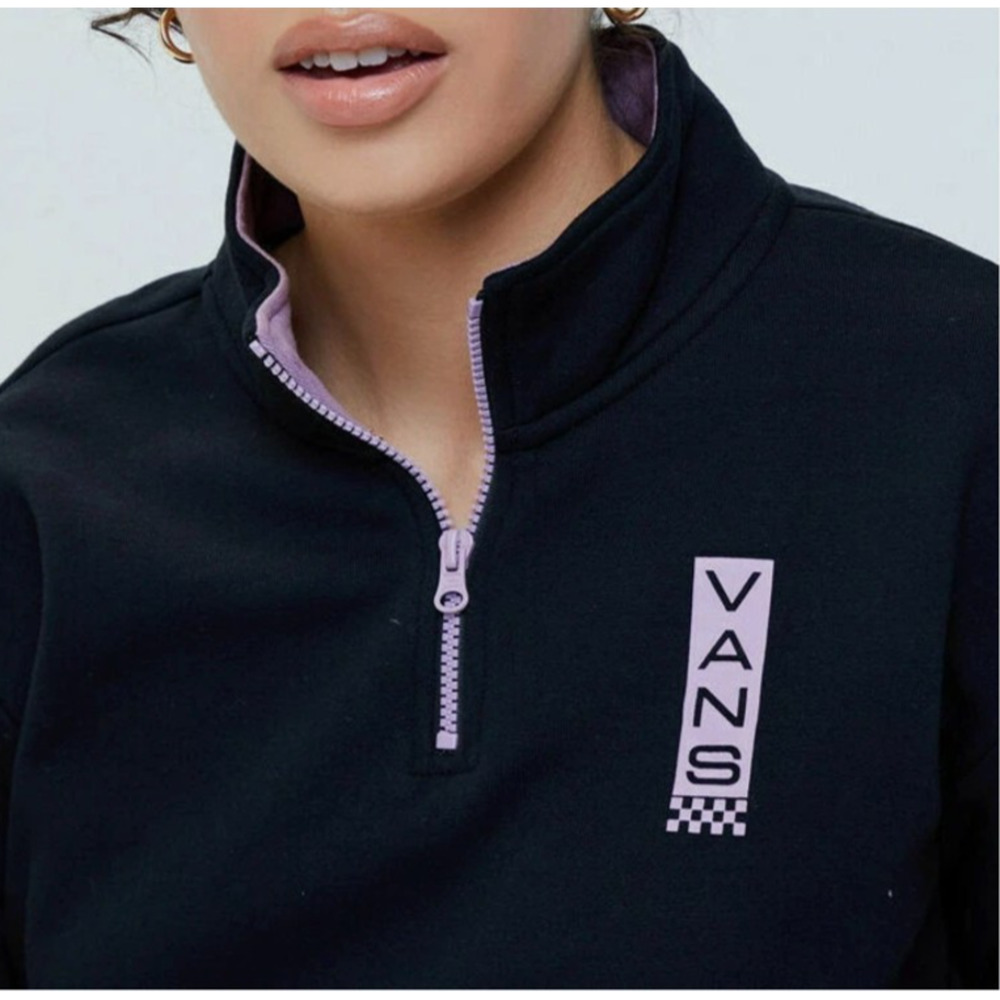 VANS Women's Quarter Zip Black Pink Cropped Pullover Sweatshirt Skate Street XS - Picture 2 of 10